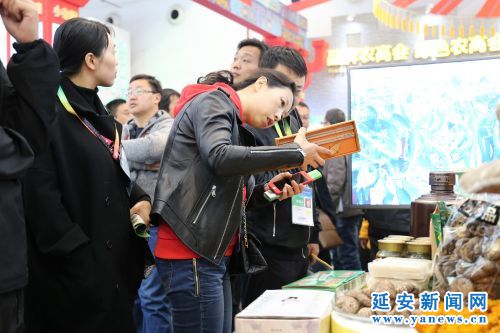 参展人员观看展区产品