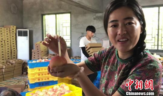 合作社负责人王凌云展示吸管“品桃”。 孙权 摄