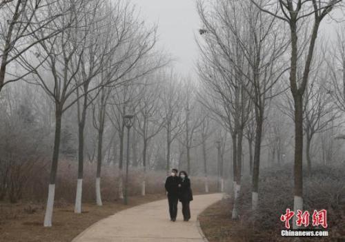 资料图:北京市民在雾霾天气下散步。 中新社记者 刘关关 摄