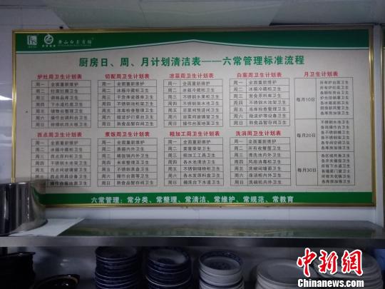 在黄山风景区一家酒店后厨,张贴着卫生任务项目清洁表。 杨言 摄