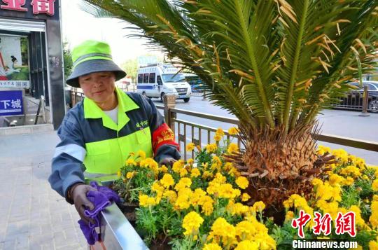 图为青海省西宁市城中区市政公用服务中心的环卫工人陈玉英正在擦洗花坛。 鲁丹阳 摄
