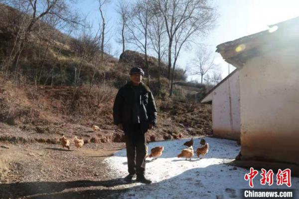 图为城子村王志云老人,身后是驻村扶贫干部曹新杰买给他的母鸡。 朱婷婷 摄